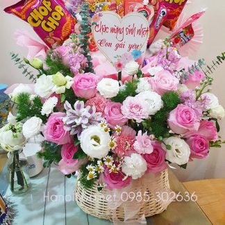 Hoa sinh nhật đẹp, giỏ hoa màu hồng
