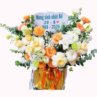 giỏ hoa tươi, giỏ hoa vàng cam, giỏ hoa chúc mừng